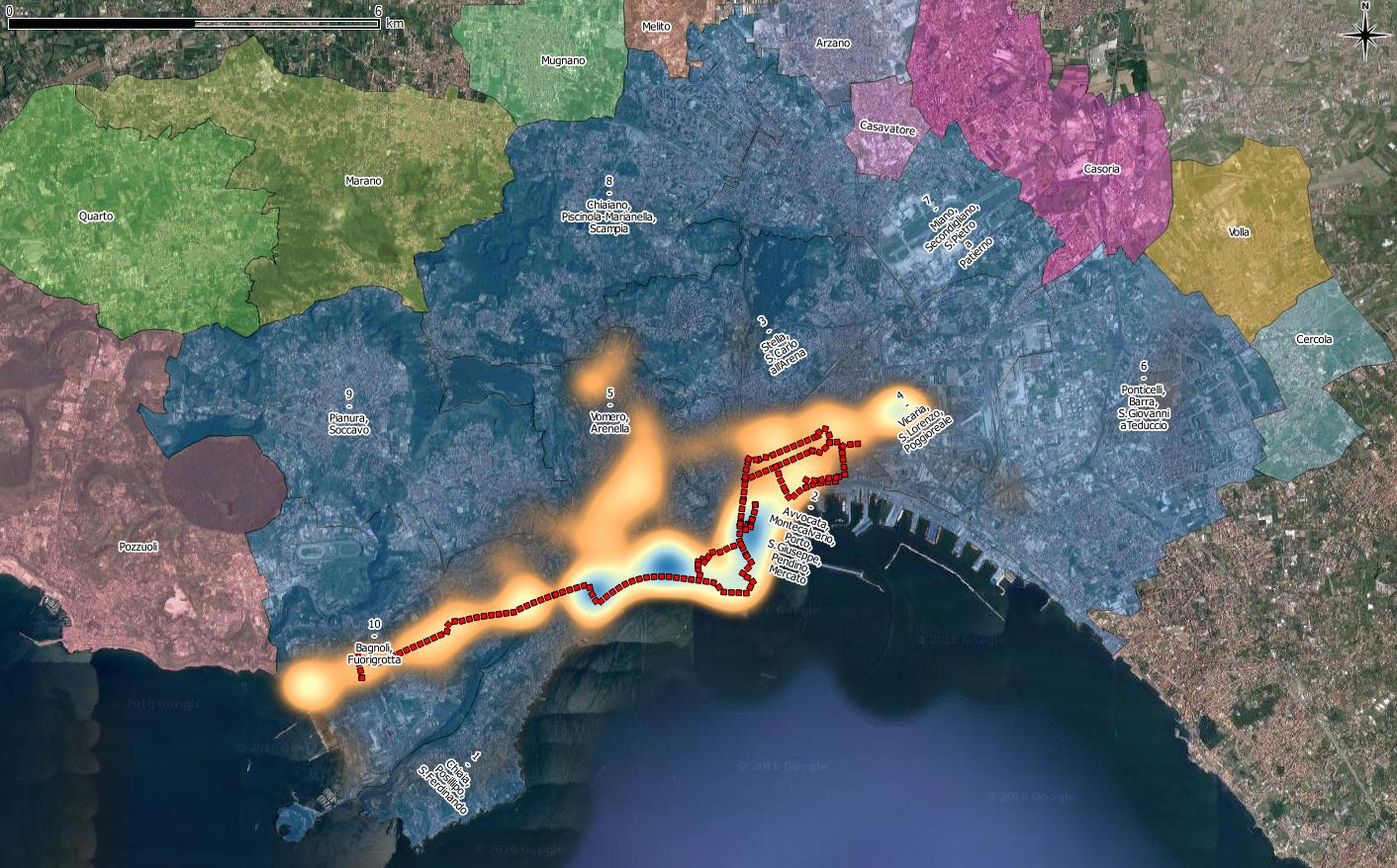 Heatmap - Flussi ciclistici durante l'ECC2015. Il tratteggio in rosso rappresenta il percorso ciclabile