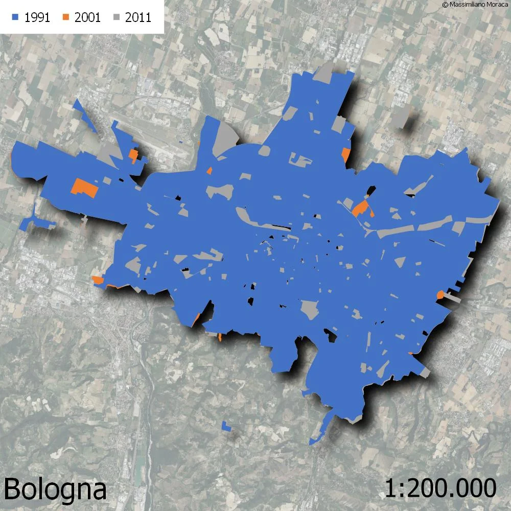 Bologna Estensione dei centri abitati dal 1991 al 2011 Bologna Estensione dei centri abitati dal 1991 al 2011