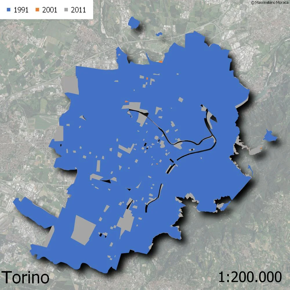 Torino Estensione dei centri abitati dal 1991 al 2011 Torino Estensione dei centri abitati dal 1991 al 2011